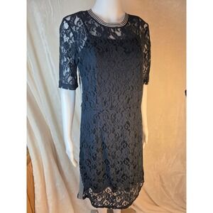 Dark Navy Lace Sheath Dress with Striped Collar and Trim Size M NWT
